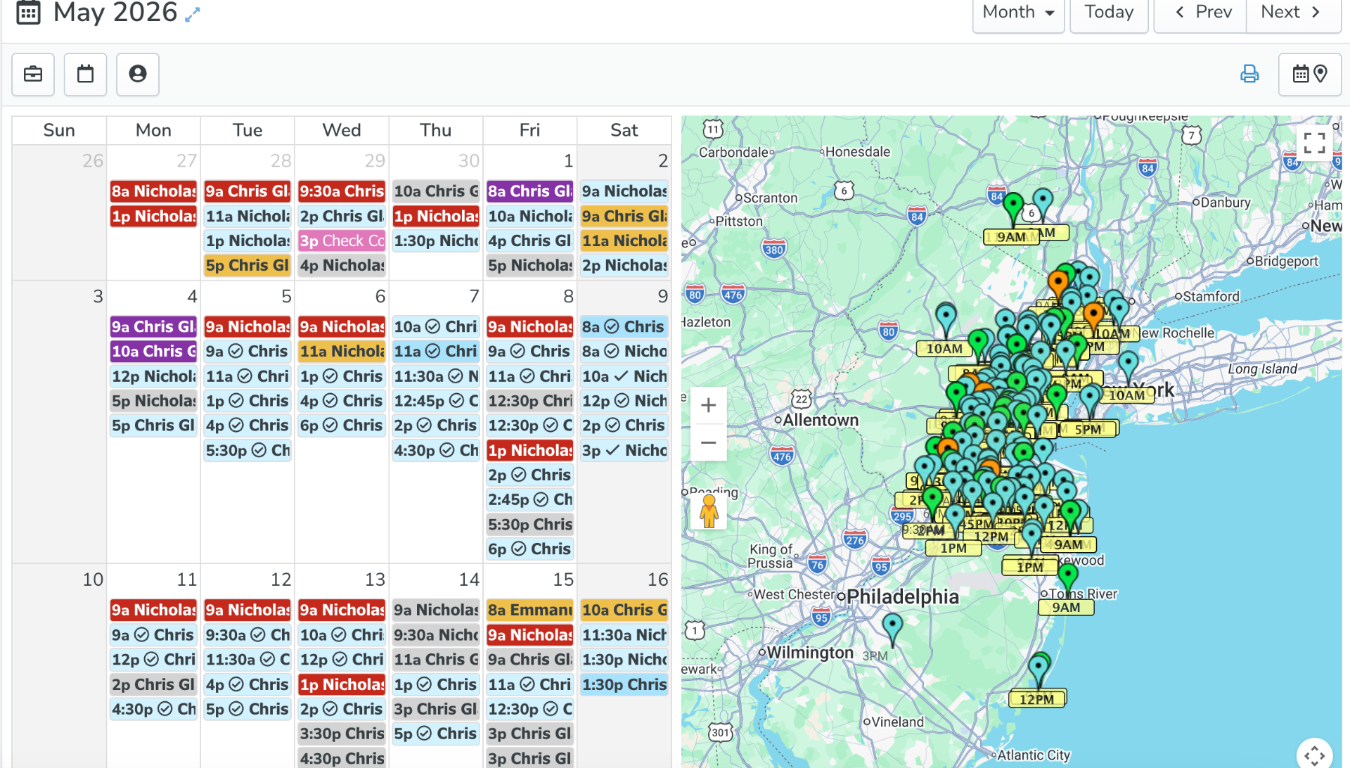 Calendar packed with booked appointments and map showing homeowner locations across the region